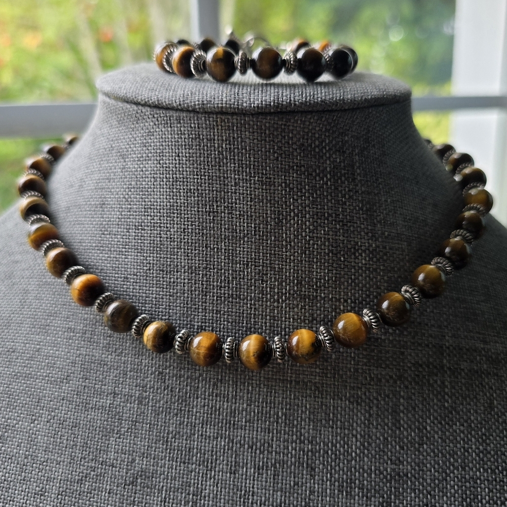 Artisan tigers eye and sterling silver necklace and bracelet set